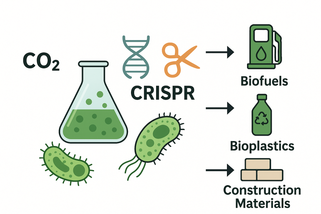 How CRISPR-edited organisms are turning CO₂ into fuels, plastics, and materials for a low-carbon future.