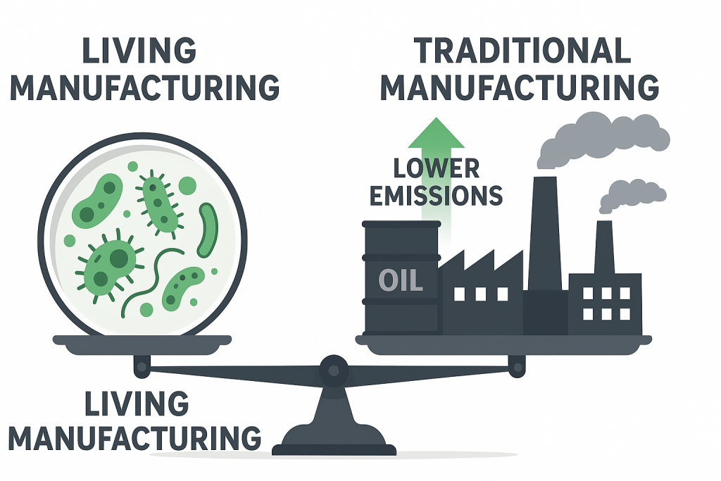 How living manufacturing outperforms traditional production in emissions, energy use, and circularity.