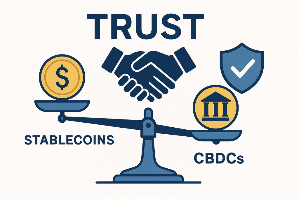 How stablecoins and CBDCs compete on public trust, transparency, and governance.